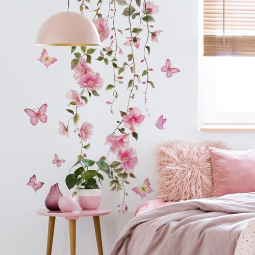 FUFUQUARE Hanging Flower Vine Wall Stickers Removable Elegant Pink Floral Leaves Butterfly Wall Art Decals for Bedroom Living Room Door TV Sofa Background
