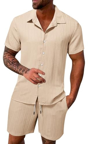 Generisch Zweiteiler Herren Leinenanzug Sommer Freizeitanzug 2-teilig Kurzarm Button-Up Revers Hemd und Shorts Beach Shirt Kurze Hose Set Baumwolle Leinen Anzug Jogginganzug für Urlaub Strand Alltag