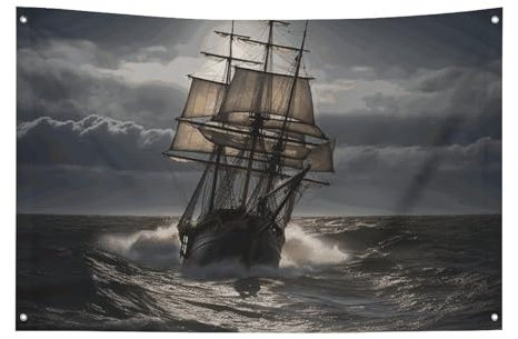 Art Decor Segelschiff im Sturm Flagge mit vier Löchern, Wanddekoration, Banner, Wandflagge für Wohnheim, Zimmer, Bar, Outdoor, Partyflaggen, 60 x 90 cm