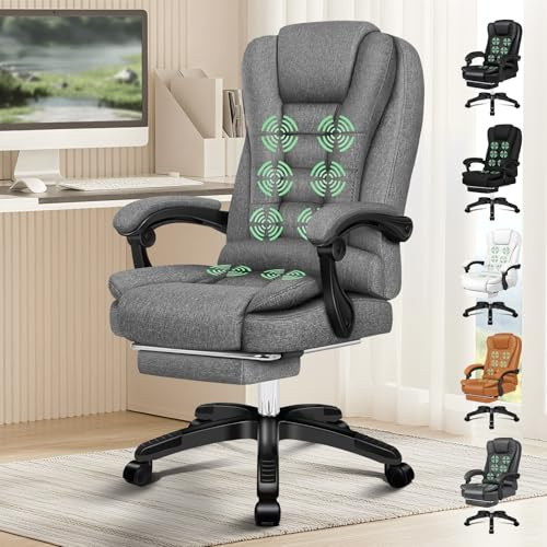 ELFORDSON Executive Office Chair with 8-Point Massage & Seat Heated, Home PC Gaming Chairs with Footrest, High Back 150° Reclining Executive Desk Chair with Padded Armrest, Linen, Grey