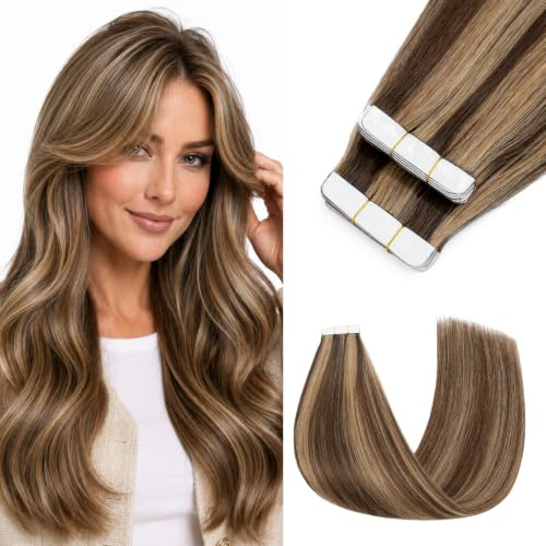 MY-LADY Tape In Extensions Echthaar Mittelbraun/Dunkelblond 55cm Glattes | 10pcs Human Hair Extensions Invisible & natürlich, Alltag & Party Highlights für Damen, Extensions Echthaar Skin Weft Tape