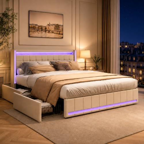 Bett 160 x 200 cm mit LED- und USB-Bett, gepolstertes Doppelbett mit Lattenrost und 4 Schubladen, Kopfteil mit Aufbewahrung, für Erwachsene und Jugendliche, Leinen (160 x 200 cm D)