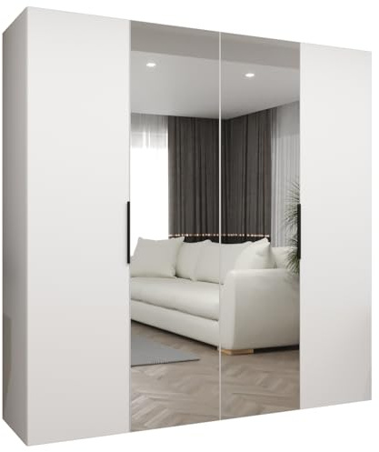 MEBLE KRYSPOL - Kleiderschrank mit Spiegel - Drehtürenschrank - Schrank 200x202x52cm - Garderobenschrank Schlafzimmer, Flur, Jugendzimmer - Farbe Weiß, Griff Schwarz - Marbella 2 200