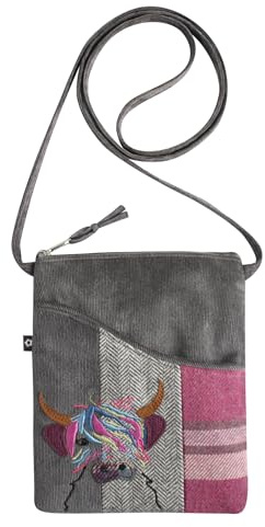 Earth Squared Small Sling Crossbody Appliqué Phone Bag – Choice of Designs: Owl, Sheep, Cat, Dog, Tree, Highland Cow – Wool Blend with Zip Closure & Front Pocket – 19 x 15 cm (Highland Cow)