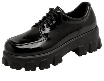 Donna Pelle Verniciata Mocassini Morbidi Tacco Grosso Alto Uniformi Scarpe da Vestito Stringate Scarpe da Ufficio con Plateau,Nero,35 EU