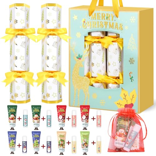 MOVINPE 8 Pack Christmas No Snap Party Table Favors, 10” Christmas Table Decorations with Hand Cream, Lip Balm, Paper Crown, Joke Card & Organza Bag, Traditions Holiday Family Dinner Gift Set