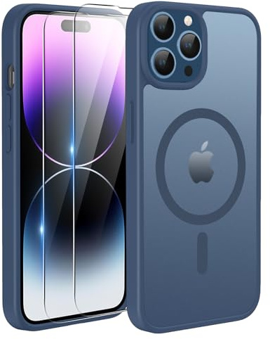 TQIAHF Magnetic Phone Case Cover for iPhone 14 Pro Max,Blue | with 2 Tempered Glass Screen Protector Compatible with MagSafe Military Grade Shockproof Protective Slim Translucent Matte
