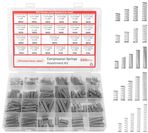 300 Stück Druckfedern Sortiment Kit, 23 Größen Federn Metall Spannfeder, 304 Edelstahl Kleine Federn Set Sprungfeder Set Kit mit Box für DIY Werkzeuge Geräte Handwerkzeuge Auto