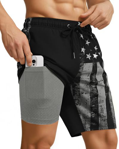 9 Inch 9in Men Swim Trunks Compression Liner Quick Dry Drawstring Male Swimwear Swimsuit Swimtrunks Boardshorts Bathing Suit Fair Beach Water Shorts Mesh Pocket Lined Inseam Harbor American