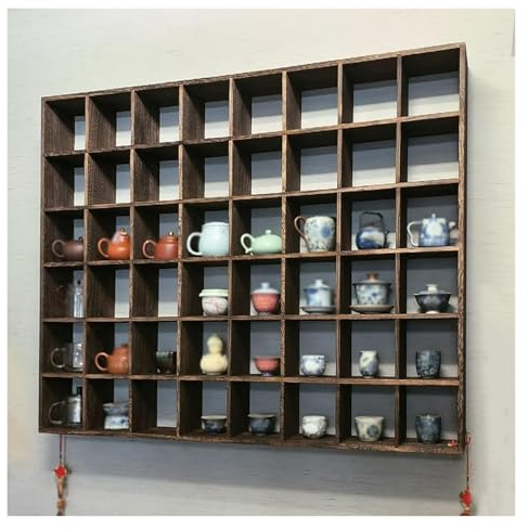 SXEVZOO 9 bis 48 Fächer Großes Kaffeetassen-Regal, Wandmontage Teetassenregal aus Holz, Schwebendes Kurio-Regal für Schnapsgläser, Teekanne, Figuren, Gewürzdosen(9 Grid/43.5x43.5cm)