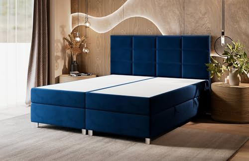 Boxspringbett 180x200 cm, Pocket-Matratze, Oeko-TEX Zertifikat, Dunkelblau | Bett mit Bettkasten, EU-Herstellung, Eleganter Riviera-Stoff, Kollektion Meroo