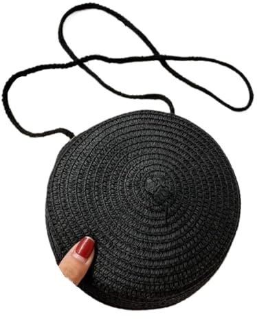 Sac à Main Rond Minimaliste en Paille, idéal for Les Femmes, porté épaule ou Style Vacances. Compatible avec Sacs bandoulière minimalistes(Black B)