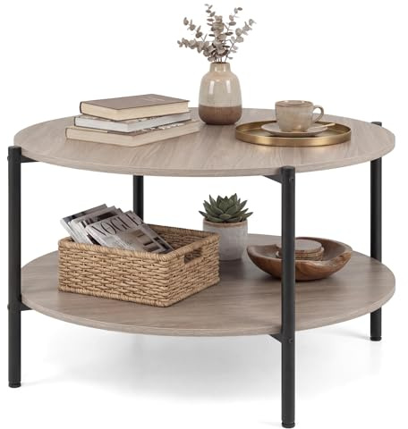 COSTWAY 85cm Round Coffee Table with Storage Shelf, 2-Tier Industrial Cocktail Center Table, Metal Frame Wooden Circle Accent Sofa Side Tea Tables for Living Room, Bedroom and Office (Grey Oak)