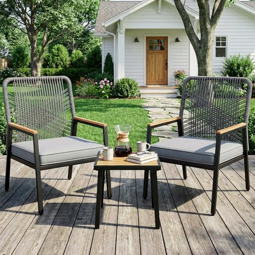 LIFERUN Gartenmöbel-Set, 3-teilig Gartenstuhl Rattan, für Terrasse, Garten | 2 Terrassenstühle mit Tisch, Bis 160 kg, witterungsbeständig, WPC Armrest, Outdoor Balkonmöbel Metall und Rattan, Grau