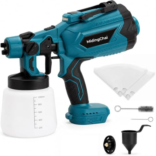 Midingchai Farbsprühsystem für Makita 18V Akku, Farbspritzpistole Kabellos | Akkustandsanzeige, LED-Beleuchtung, Düsenaufbewahrung, Messingdüse, 1000ml Behälter, für Wände Möbel Kunsthandwerk, ohne Akku