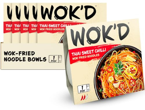 Wok'd Thai Sweet Chilli Wok Fried Microwave Instant Noodles, 6 x 200g Pots | Ready in 60 Seconds, Made with Real Veg, No Dust, No Sachets, Available in 3 Tasty Flavours, Vegetarian, Six Pot Multipack