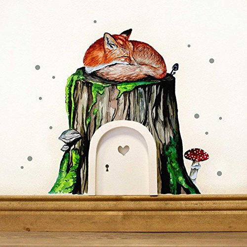 ilka parey wandtattoo-welt® Elfentür Feentür Wichteltür mit Wandtattoo Fuchs Fliegenpilz e04 - ausgewählte Farbe der Holztür: *türkisblau*