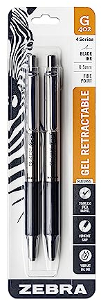 Zebra Pen G-402 Stainless Steel Retractable Gel Pen, Fine Point, 0.5mm, Black Ink, 2-Count (49212)