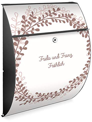 Burg Wächter Design Briefkasten | Modell Riviera 46x33,5x13cm groß | verzinkter Stahl Anthrazit | Postkasten mit Öffnungsstopp, großer A4 Einwurf, Zylinderschloss, 2 Schlüssel | Motiv WT Blätterkranz