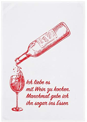 Geschirrtuch weiss, ICH LIEBE ES MIT WEIN ZU KOCHEN: MANCHMAL GEBE ICH IHN SOGAR INS ESSEN, rot