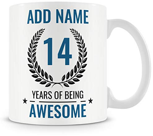 MUGGZ Personalised 14th Birthday Mug for Boys – Add Name – “14 Years of Being Awesome” – Blue Design – Teen Boy Birthday Gift – Dishwasher & Microwave Safe Ceramic Mug 11oz