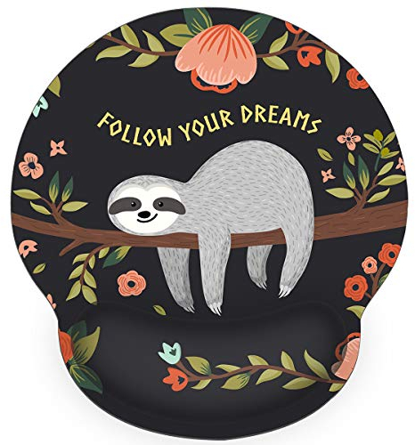 Britimes Ergonomisches Mauspad mit Handgelenkstütze, schwarz, niedliches Faultier Follow Your Dreams, rutschfeste Gummiunterseite, Mauspad für Zuhause, Laptop, einfaches Tippen und Schmerzlinderung