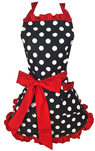 Küchenschürzen Verstellbare Baumwoll-Leinen-Kochschürze mit Bowknot Kitchen Home Hausarbeit für Frauen Lätzchen-Schürzen Wasserölfleckenresistent Vintage Polka Dot Princess-Kleid Free-Size