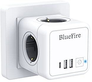 BlueFire Enchufe USB, 7 en 1 Powercube Ladron Enchufes con 4 Tomas de CA, 2 Puertos USB y Type C, Cubo Enchufe Multiple Pared con Interruptor, Cargador USB Compatible con iPhone,iPad,Tabletas