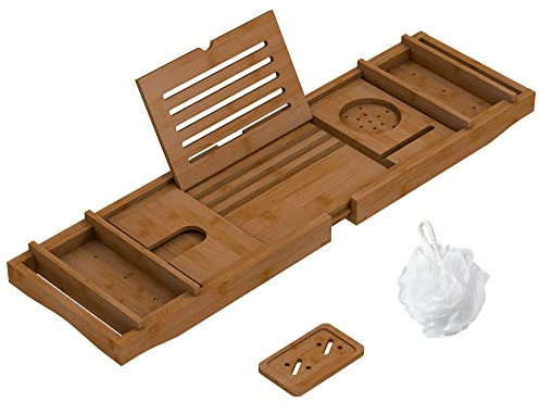 74,9 cm - 110 cm erweiterbares Bambus-Badewannen-Tablett mit Griffen, Weinglas-Handyhalter, Buchständer für Badezimmer, luxuriöser Wellness-Holz-Badtisch zum Lesen-Laptop über dem Klauenfuß, Walnuss