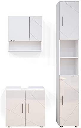 Vicco Badmöbel-Set Irma, Badezimmerschrank-Set, Weiß Hochglanz, 3 Teile, mit Hochschrank
