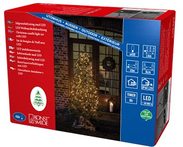 Konstsmide LED Baummantel 6 Stränge à 75 gefrostete Dioden, Strangverdoppelung von 6 auf 12 Stränge nach 200cm8h Timer, 450 warm weiße Dioden, 12V Außentrafo (IP44), 6W, schwarzes Kabel - 6662-130