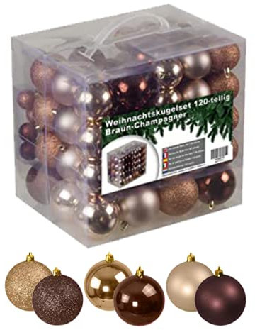 Julido Weihnachtskugeln Kunststoff 120 Stück, Christbaumkugeln Champagner und Braun, Weihnachtsbaum Deko glänzend, glitzernd und matt