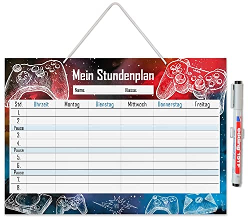 younikat Stundenplan abwischbar zum aufhängen I Gaming I inkl. Stift wiederbeschreibbar I Grundschule Jungen Mädchen I dv987