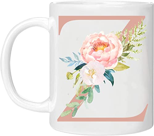 MOBILE STUFF Personalised Floral Mug Letter Z - Any Alphabet 11oz Ceramic Coffee/Tea Cup Gift for Christmas, Birthday, Secret Santa, Mother’s Day or Father’s Printed Glitter, (Rose Z)