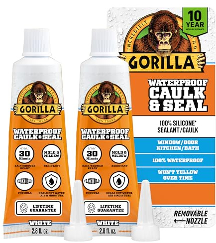 Gorilla 100% Silicone Caulk, Waterproof Sealant, 2.8oz Squeeze Tube (Pack of 2) – White -10 Year Mold Resistant Kitchen, Window, Bath, Marine, Door and More