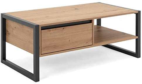 Homestyle4u 2116 Wohnzimmertisch Couchtisch Holz Eiche Schwarz Sofatisch Natur Holztisch Beistelltisch Schublade Modern