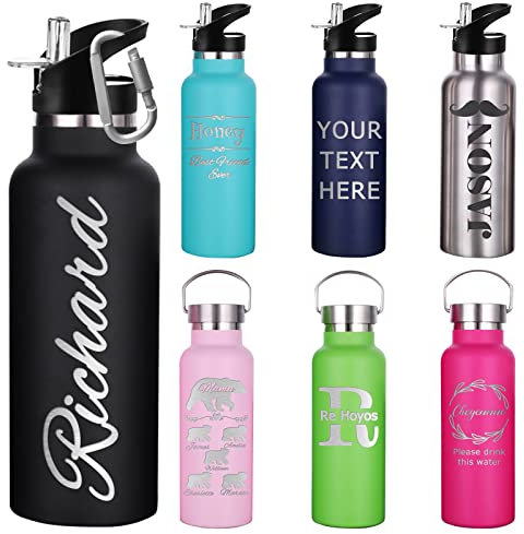Personalized Water Bottles for School Supplies Bulk with Straw Custom Insulated Water Bottle Engraved Name Text (26oz/12oz, 7 Colors)