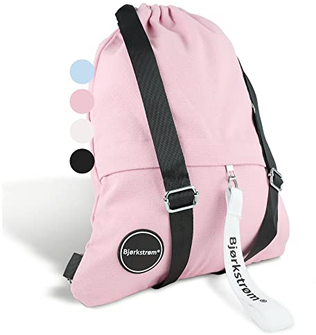 Bjørkstrøm® Sportbeutel mit Außentasche und Reißverschluß - Lifestyle Rucksack mit Verstellbar Tunnelzug - Turnbeutel - Gymsack für Damen & Herren (rosa)