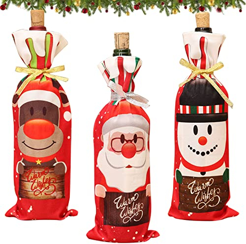 3 Stück Weihnachten Weinflasche Abdeckung, Weihnachten Weinflasche Taschen, Weinzubehör Geschenk Set, Wiederverwendbare Wein Geschenk Beutel für Home Dinner Party Dekoration Tischdekoration