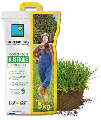 BARENBRUG - Gazon Rustique & Universel - Adapté Tous Sols - Installation Facile et Rapide - Pousse à Basse Température - Engrais Compatible Agriculture Biologique - Fabriqué en France - 5KG