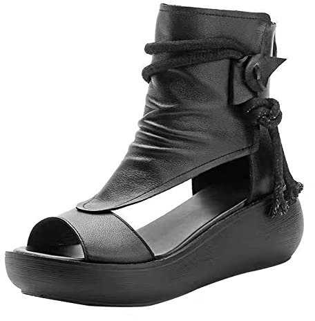 Sandali Alti in Pelle Donna, Piattaforma Estiva Stivali Casual Punta Aperta con Bocca Pesce Vintage, Sandali con Zeppa grossi Scarpe comode Spiaggia Stile Romano Donna,Nero,39 EU