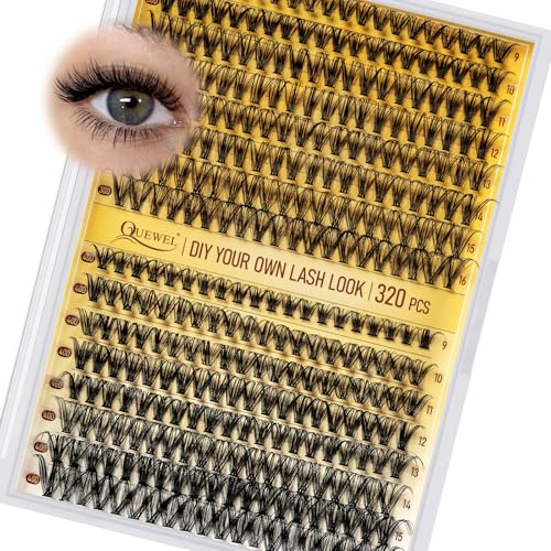 320Pcs Individual Lashes QUEWEL Cluster Lashes 30D+40D C Curl MIX9-16mm Individual Lash Extension Lash Clusters DIY Eyelash Extensions For Home Use (30D+40D 0.07C MIX9-16mm)