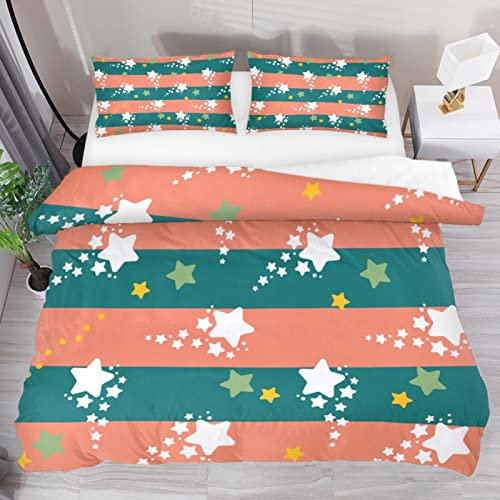 Bettwäsche-Set für Einzelbett, Retro-Sterne, grün, orange, gestreift, weicher Tencel-Bettbezug, Bettwäsche-Set für Kinder, Jungen, Mädchen, 3-teilig mit 2 Kissenbezügen, Reißverschluss