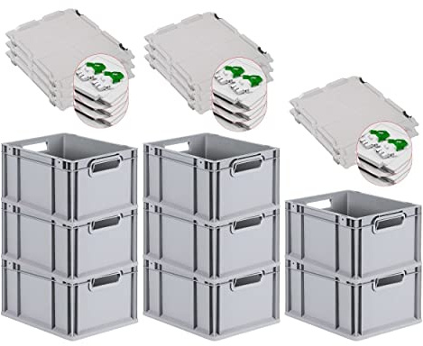 PROREGAL SuperSparSet 8x Eurobox NextGen Grip mit Scharnierdeckel und grünen Schiebeschnappverschlüssen, HxBxT 22x30x40cm, 20 L, Grau, Griffe offen, Eurobehälter, Transportbox