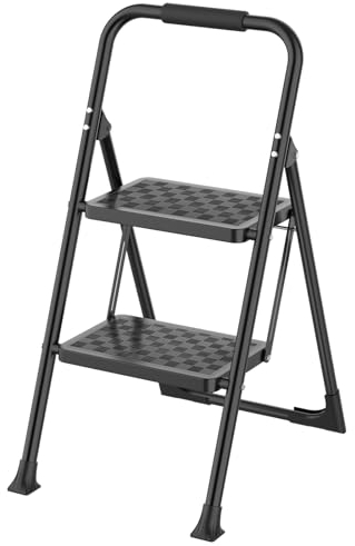 HBTower 2-Stufenleiter, Tritthocker für Erwachsene, 2-Stufenleiter, klappbarer Tritthocker mit breitem Anti-Rutsch-Pedal, ergonomisches Design