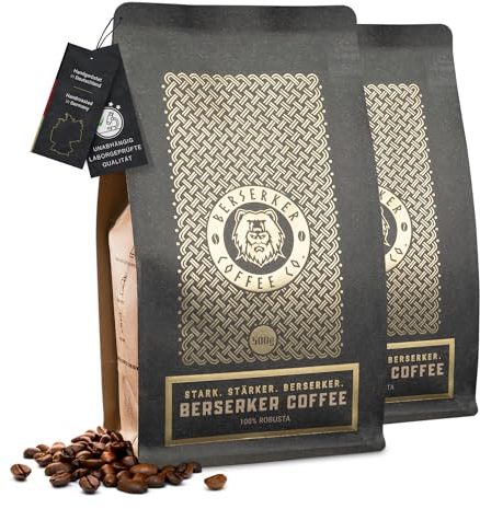 BERSERKER COFFEE Extra Starke Kaffeebohnen - 2x500g - 237mg Koffein auf 100ml - Säurearm - Ganze Bohnen für Kaffeevollautomat, Espressomaschine