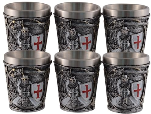 VOGLER Joh. Vogler GmbH 6er Set Shotglas Kreuzritter, aus Kunststein, detailgetreu von Künstlerhand bemalt, mit Edelstahleinsatz entnehmbar, Volumen: 50 ml
