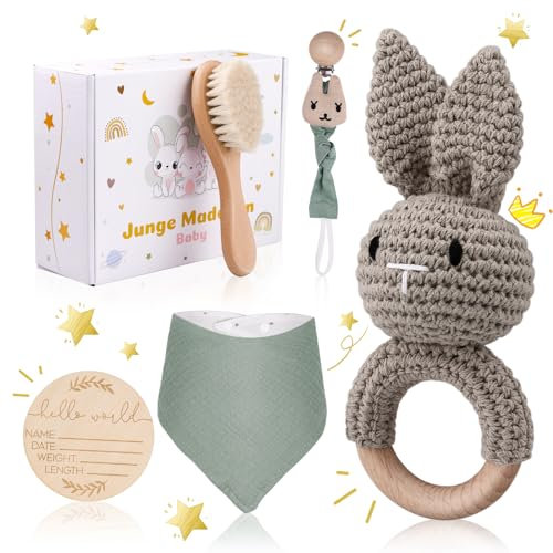 Baby Geschenk Junge & Mädchen - 100% Baumwolle Handmade Geschenk zur Geburt | Bib, Beißring-Rassel, Bürste, Schnullerkette,Holz Meilensteinkarten | geschenk zur geburt mädchen junge baby set(Green)