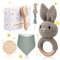 Baby Geschenk Junge & Mädchen - 100% Baumwolle Handmade Geschenk zur Geburt | Bib, Beißring-Rassel, Bürste, Schnullerkette，Holz Meilensteinkarten | geschenk zur geburt mädchen junge baby set（Green）