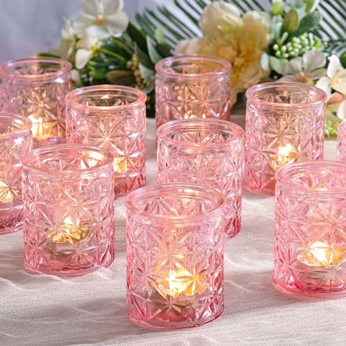 Azuritek 12pcs Rosa Kerzengläser, Teelichthalter Teelichtgläser Votivkerzenhalter Kerzenständer Vintage Für Dekoration Hochzeitsdeko Tischdekoration